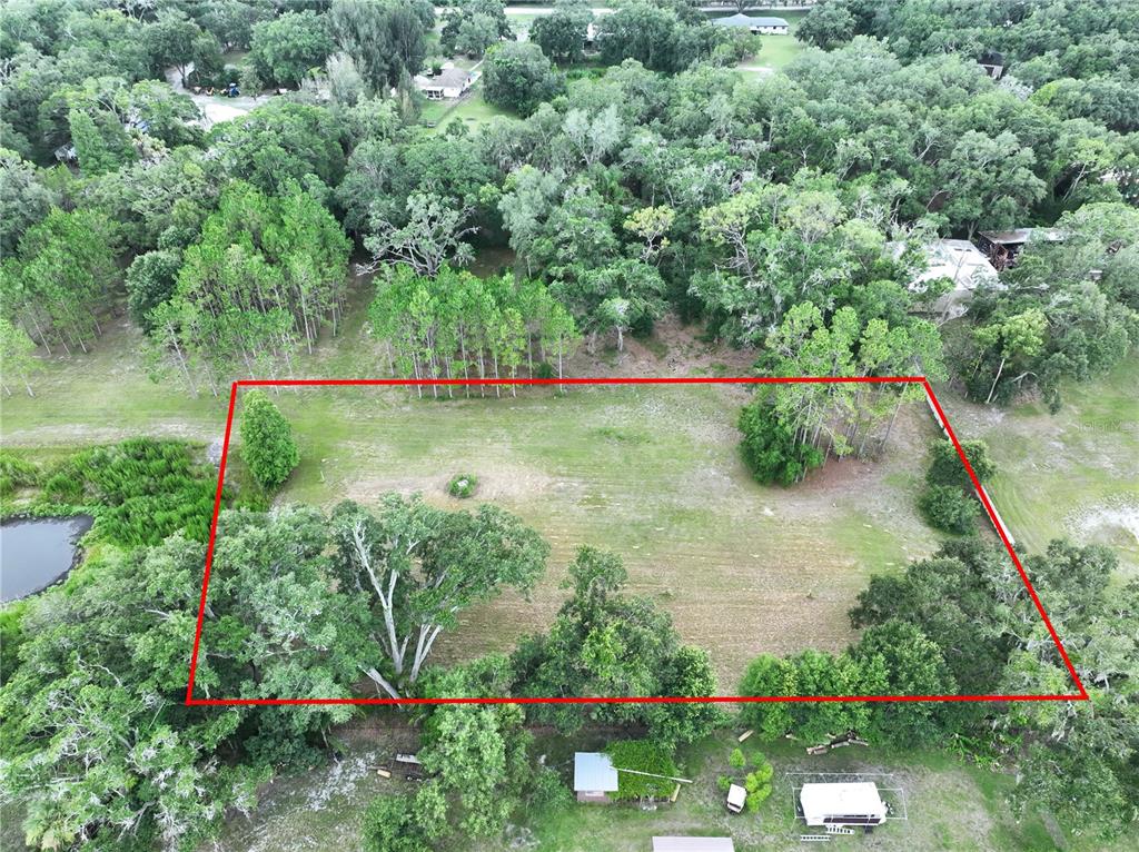 An aerial view shows a rectangular plot of land outlined in red amidst wooded surroundings — 16605 HAPPY GARDEN WAY, LUTZ, FL