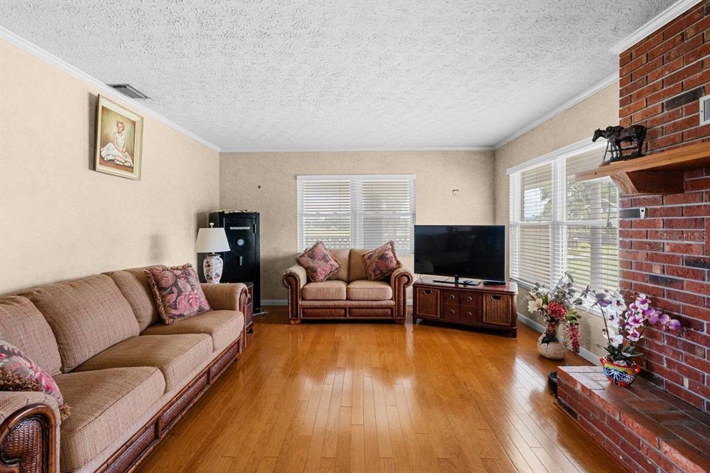 A living room features hardwood floors, a brick fireplace, and two sofas facing a television — 38730 MICKLER ROAD, DADE CITY, FL