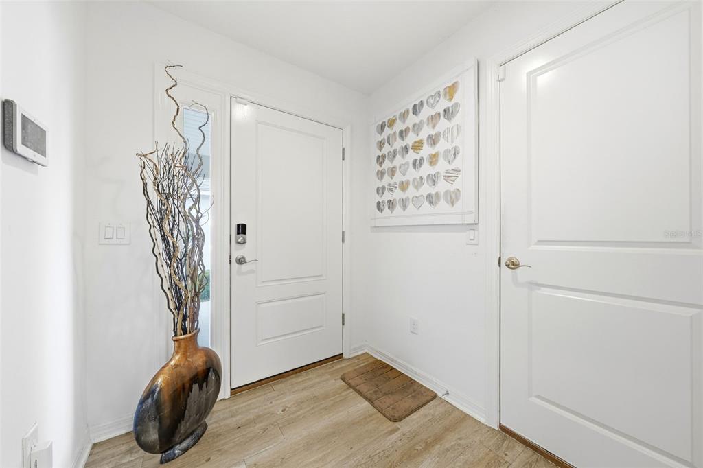 A bright entryway features light wood-look flooring, a white front door, and a decorative vase — 6094 RODRIGUEZ LANE, THE VILLAGES, FL