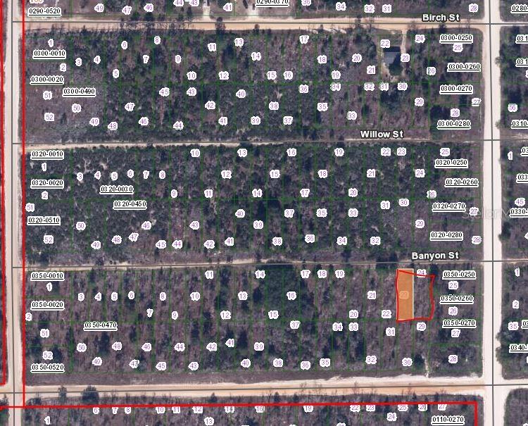 This is a map showing multiple rectangular land parcels and streets in a wooded area — 00 BANVON STREET, INTERLACHEN, FL