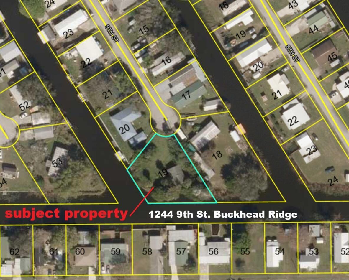An aerial map shows a residential property lot highlighted in blue within a neighborhood grid — 1244 9th Street, Okeechobee FL 34974, OKEECHOBEE, FL