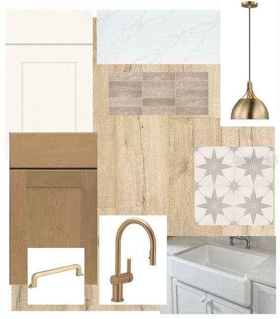 This is a design mood board featuring kitchen finishes, including cabinetry, hardware, tile, and a sink — 7271 KODIAK LANE, SARASOTA, FL