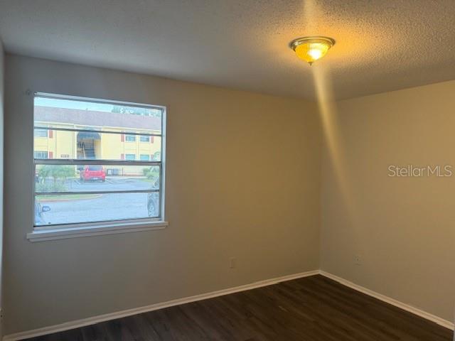 An empty room features light-colored walls, dark wood-look flooring, a ceiling light, and a window — 7309 ABONADO ROAD UNIT 7309, TAMPA, FL