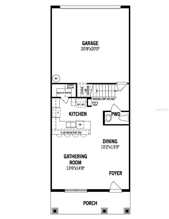 This floor plan shows the first level of a home featuring a garage, kitchen, and gathering room — 10063 GAZEBO ALLEY, ORLANDO, FL