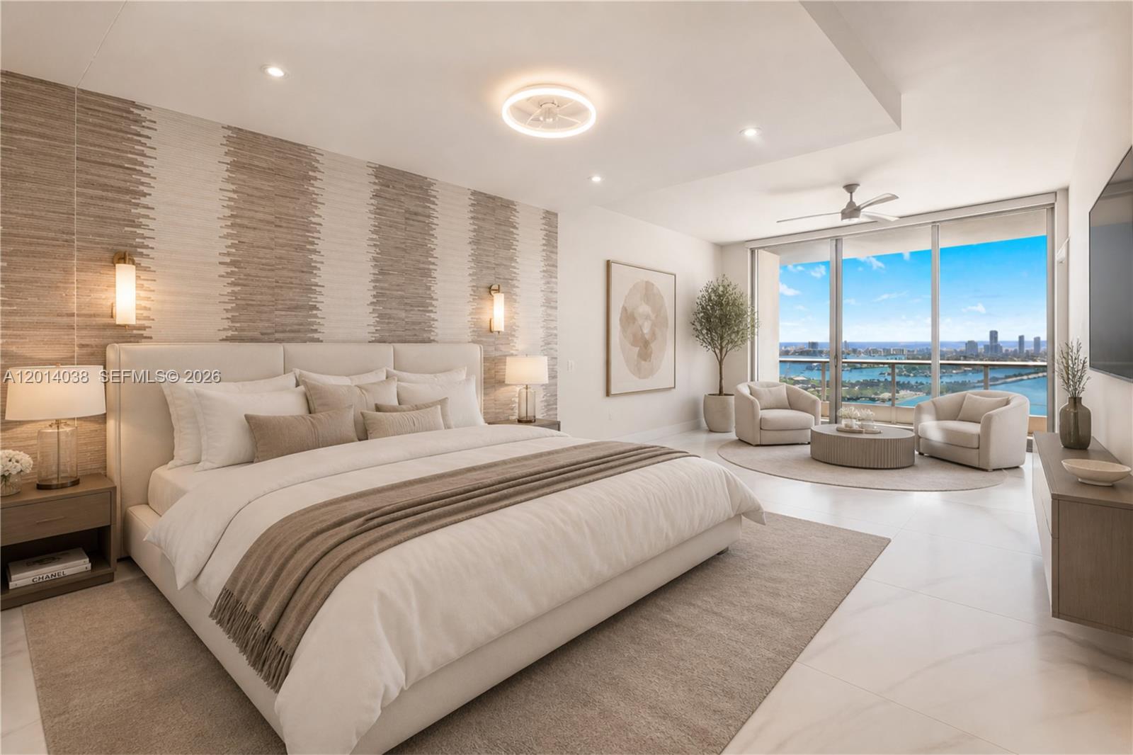 A modern bedroom features a textured accent wall, a king bed, and floor-to-ceiling balcony windows — 900 Biscayne Blvd # 4202, Miami FL 33132, MIAMI, FL
