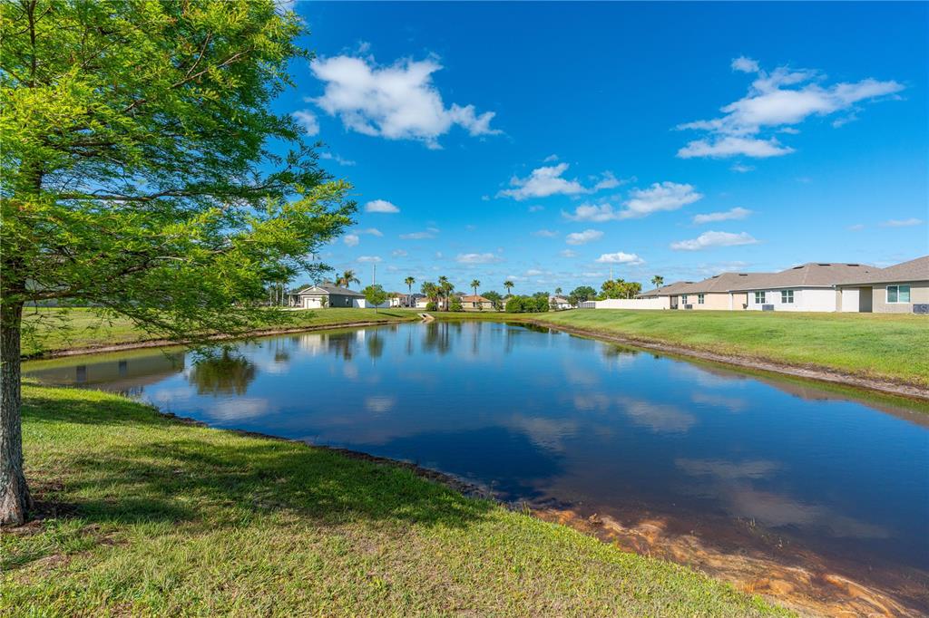 A grassy lawn slopes down to a pond with residential houses in the background — 5324 ROYAL PLANTATION BOULEVARD, PORT ORANGE, FL