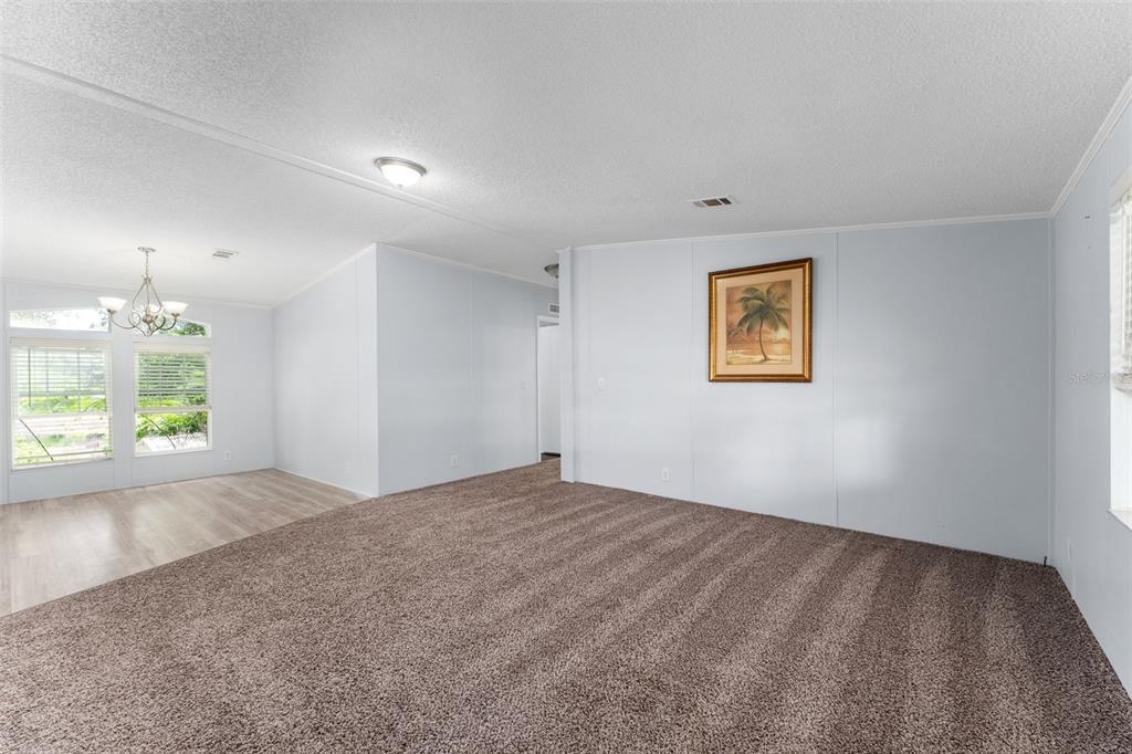 A living room with brown carpet, light blue walls, and an adjacent dining area — 5841 SE 164TH AVENUE, OCKLAWAHA, FL