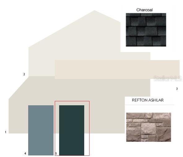 This architectural rendering displays exterior color and material selections for a home — 2580 LONG PINE AVENUE, APOPKA, FL