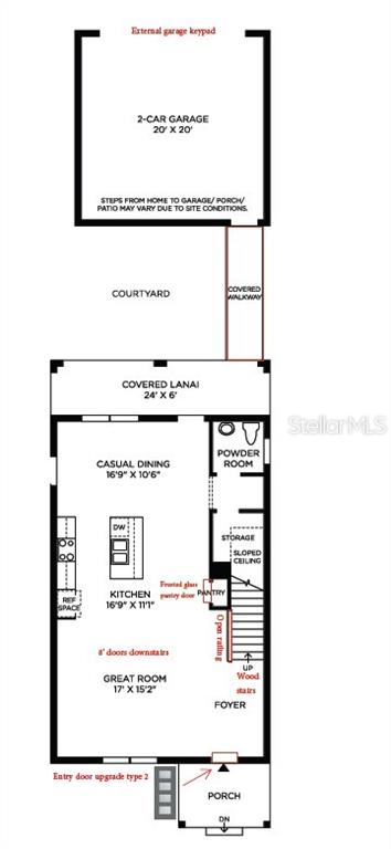 This is a floor plan of a home featuring a garage, courtyard, and main living level — 2580 LONG PINE AVENUE, APOPKA, FL