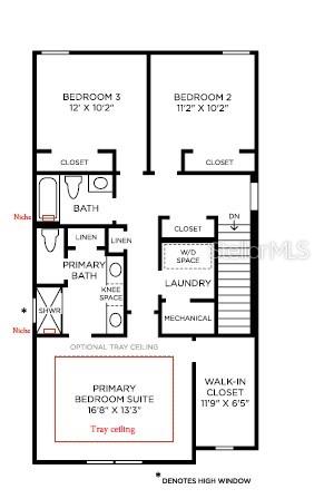 This floor plan shows the layout of a residential second floor with three bedrooms and bathrooms — 2580 LONG PINE AVENUE, APOPKA, FL