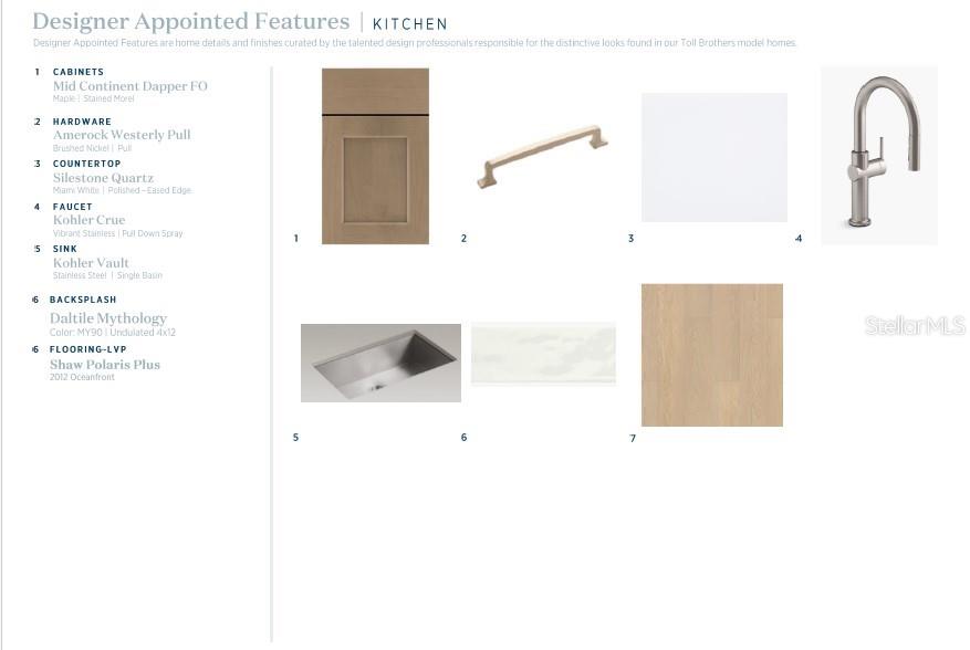 This design board displays kitchen finishes including wood cabinets, quartz countertops, hardware, and flooring samples — 2580 LONG PINE AVENUE, APOPKA, FL