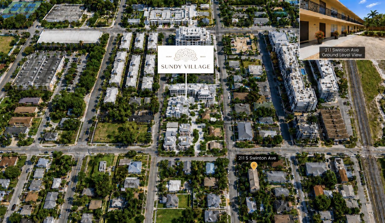 An aerial view shows a residential neighborhood with a highlighted property and inset ground-level photo — 211 S Swinton Avenue, Delray Beach FL 33444, DELRAY BEACH, FL
