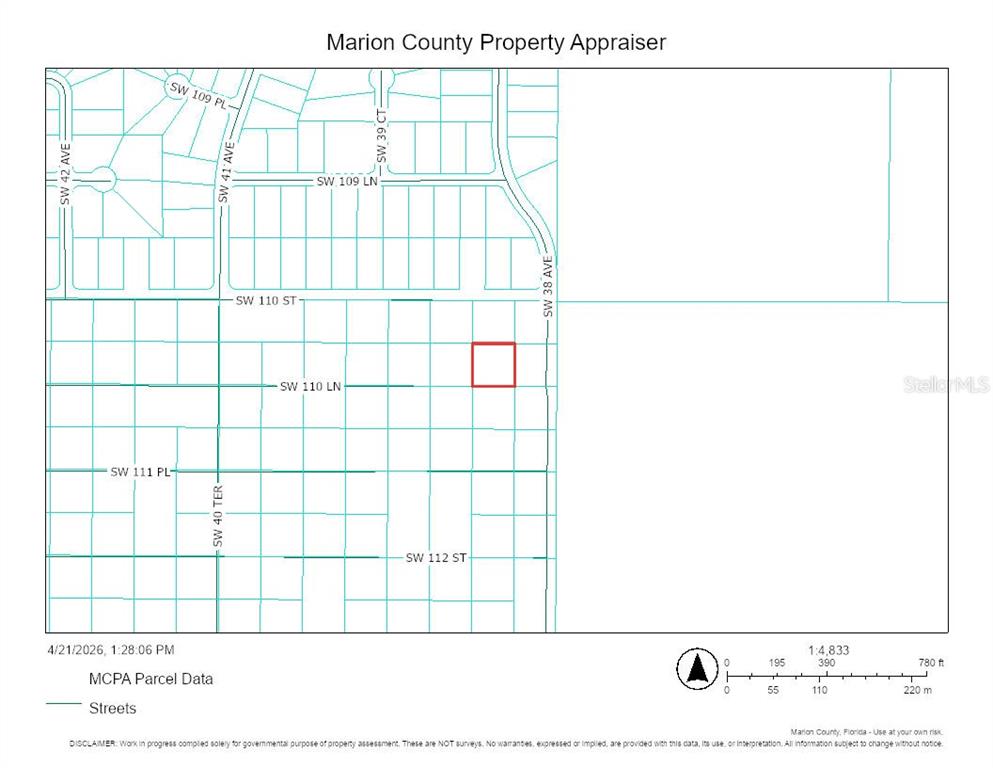 This is a property tax map showing a highlighted parcel in Marion County, Florida — 0 SW 110TH LANE, OCALA, FL