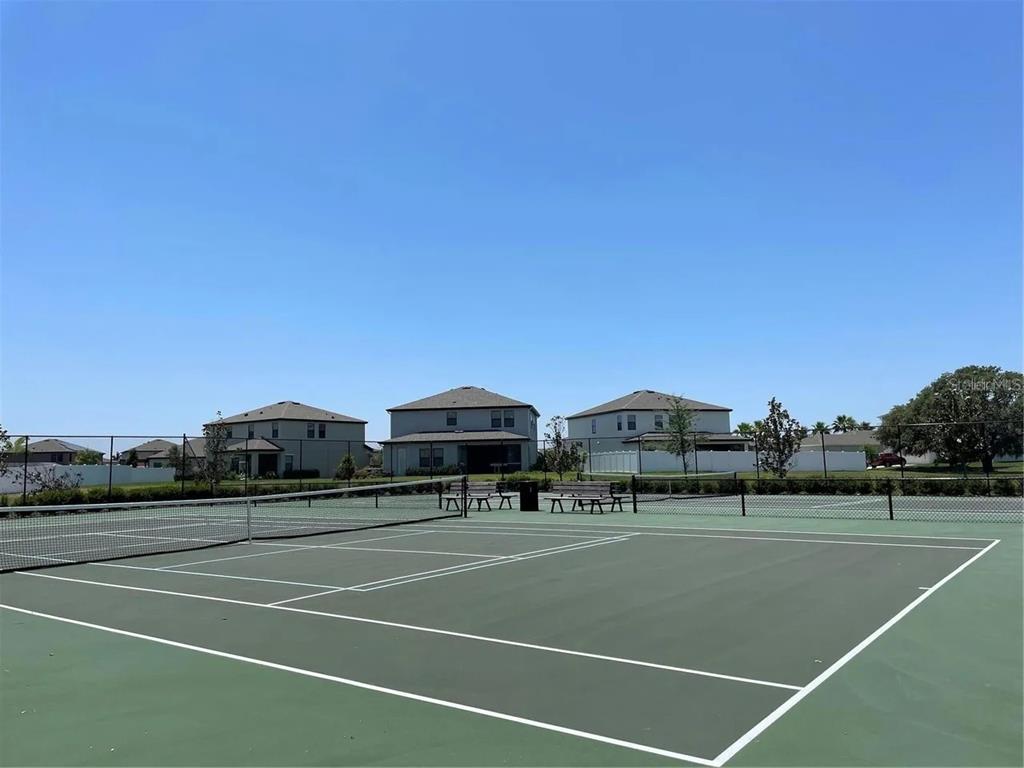 A tennis court with a net and benches sits in front of several suburban houses — 13109 FRUITVILLE WAY, RIVERVIEW, FL