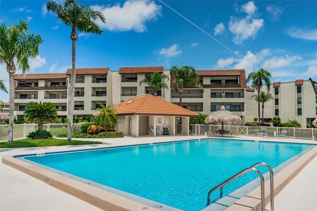 A swimming pool sits in front of a multi-story apartment building with palm trees — 103 1ST STREET E UNIT 313, ST PETERSBURG, FL