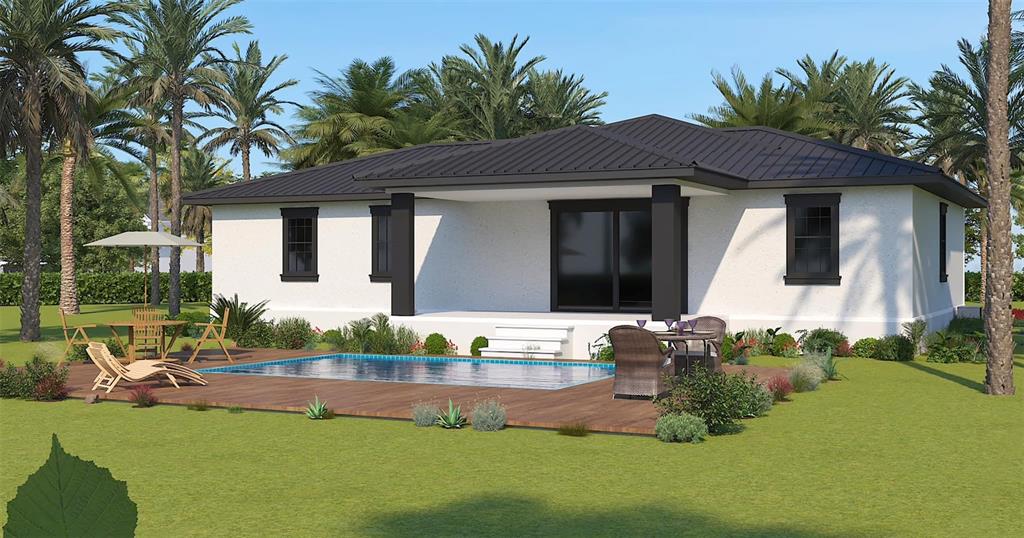 This rendering shows the exterior of a white house with a dark roof and pool — 4026 YUCATAN CIRCLE, PORT CHARLOTTE, FL