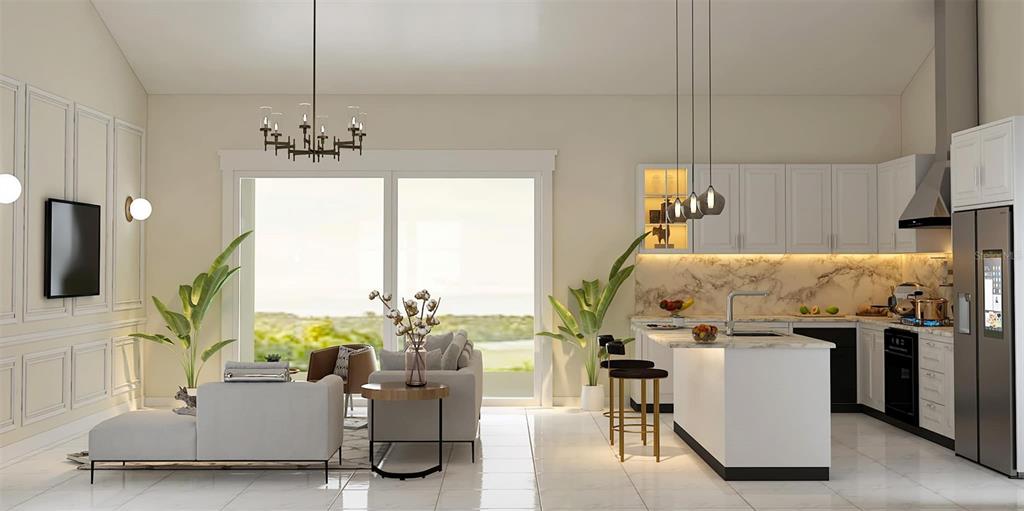 This rendering shows an open-concept living room and kitchen with white cabinetry and marble backsplash — 4026 YUCATAN CIRCLE, PORT CHARLOTTE, FL