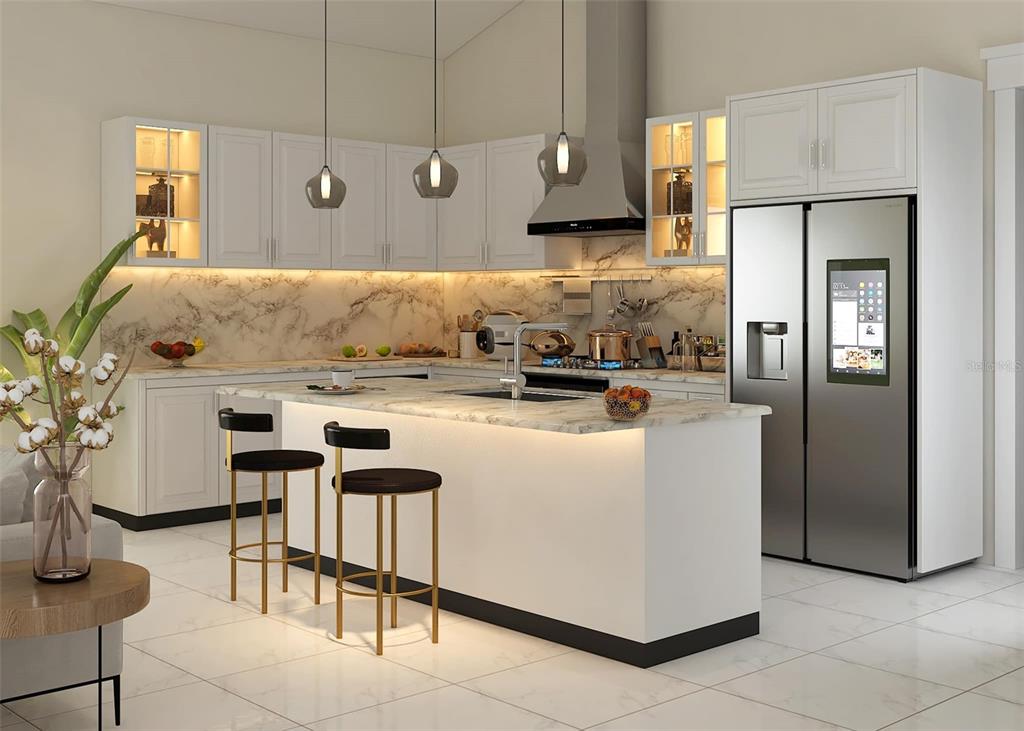 This is a rendering of a modern kitchen featuring white cabinetry, marble countertops, and stainless appliances — 4026 YUCATAN CIRCLE, PORT CHARLOTTE, FL