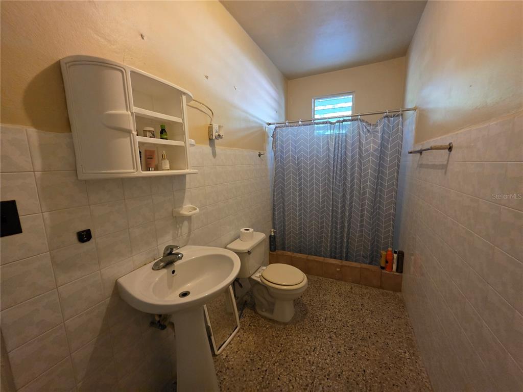 A bathroom features a pedestal sink, a toilet, and a shower with a patterned curtain — 638 km 3.5 BO ARRENALEJOS, ARECIBO, PR