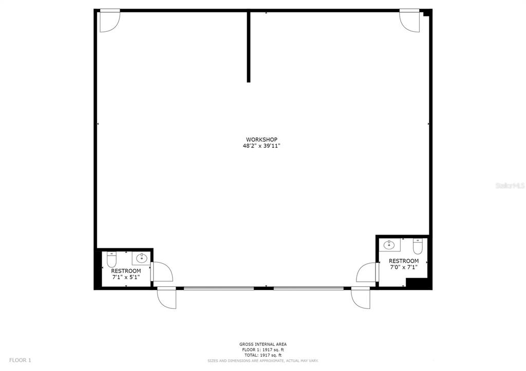 This floor plan shows a large workshop with two small restrooms — 1630 TROPIC PARK DRIVE UNIT 1630, SANFORD, FL