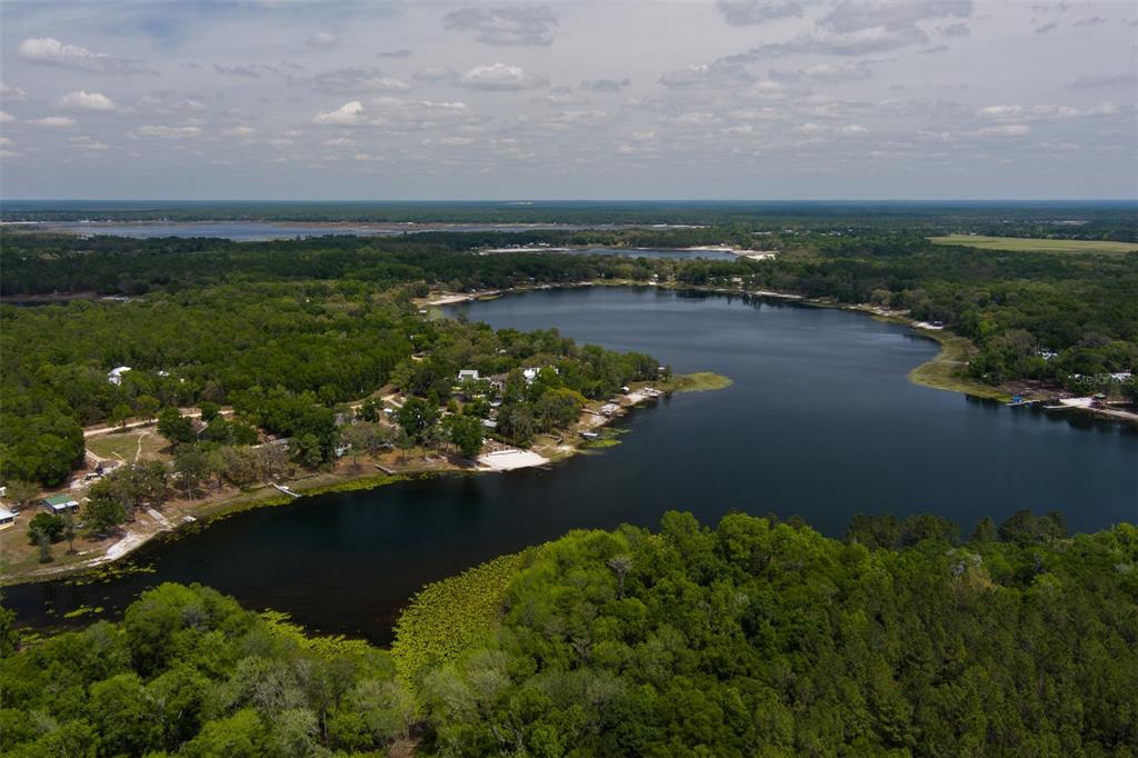 An aerial view shows a lake surrounded by dense forest and several residential properties — 8491 LILLY LAKE ROAD, MELROSE, FL