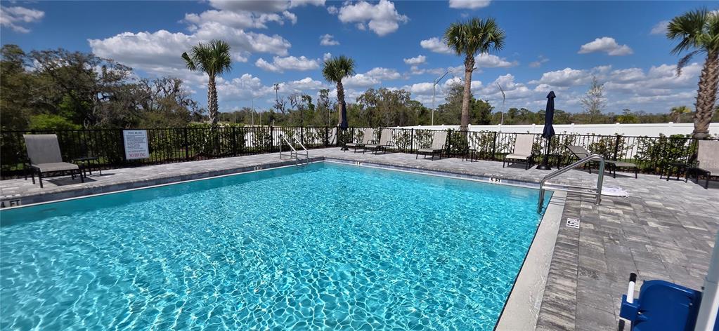 A rectangular swimming pool is surrounded by lounge chairs, palm trees, and a white fence — 13851 LILAC SKY TERRACE UNIT NA, BRADENTON, FL