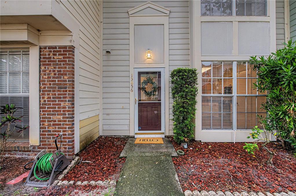 A front entrance features a brown door, a concrete walkway, and red mulch landscaping — 13856 STONE MILL WAY, TAMPA, FL