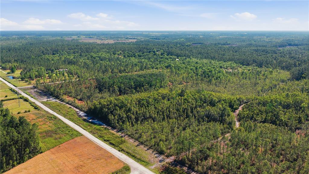 An aerial view shows a rural landscape with a paved road, open fields, and dense forest — TBD NE 125TH AVENUE, FORT MC COY, FL