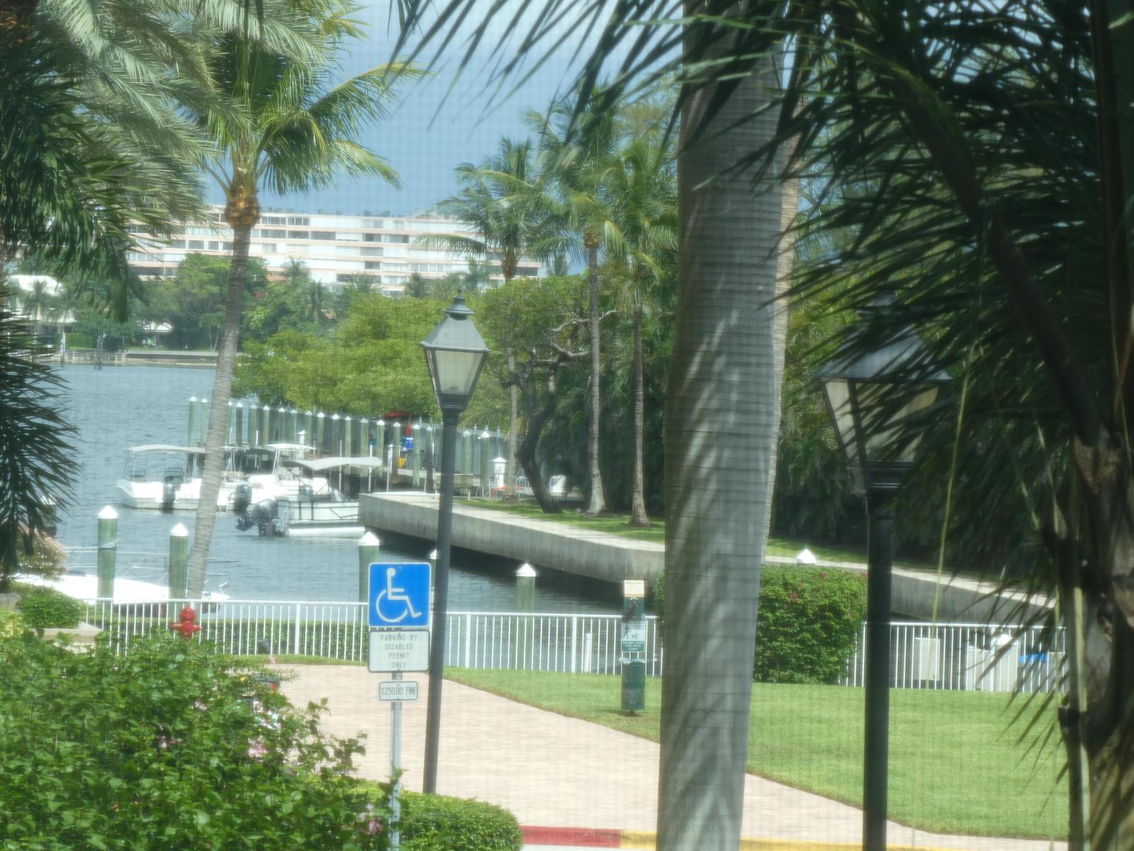 A view of a waterfront marina with boat slips, palm trees, and a handicap parking sign — 804 E Windward Way # 211, Lantana FL 33462, LANTANA, FL