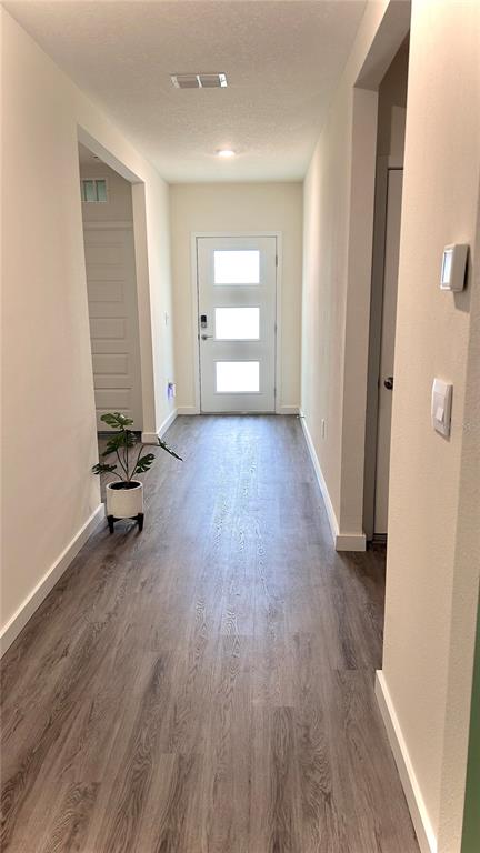 A hallway with light-colored walls and wood-look flooring leads to a white front door — 3919 MALAWI TRAIL, ST CLOUD, FL