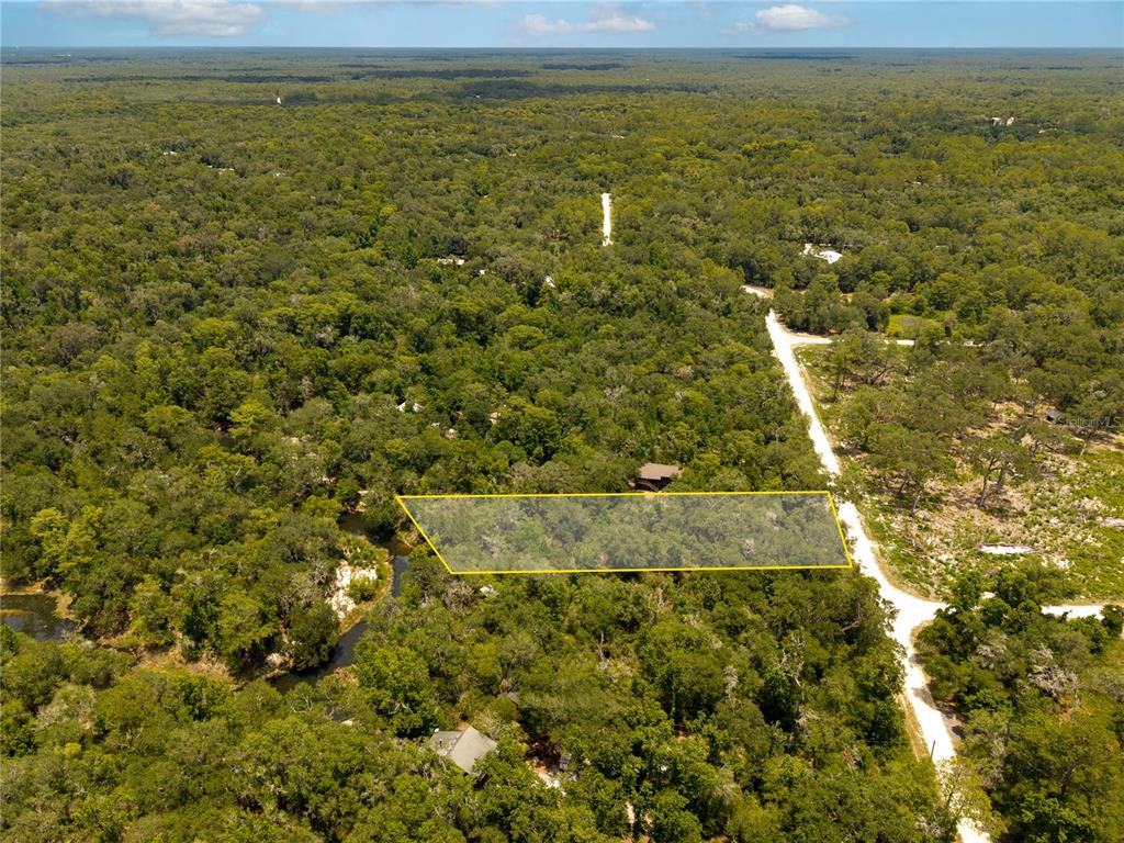 An aerial view shows a rectangular plot of land highlighted in yellow amidst dense forest — 7337 RIVERVIEW DRIVE, WEBSTER, FL
