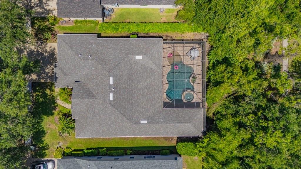 An aerial view shows a house with a screened-in pool and patio surrounded by trees — 5967 JAEGERGLEN DRIVE, LITHIA, FL