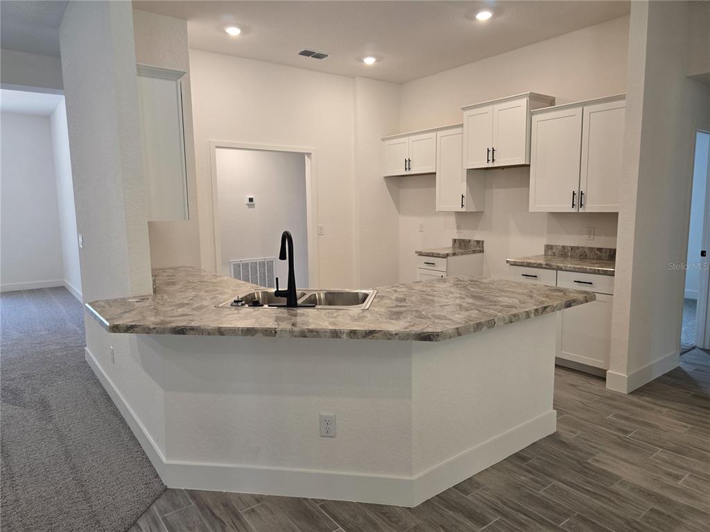 A kitchen features white cabinets, a marble-patterned countertop, and a black faucet on the island — 13 GERANIUM COURT, HOMOSASSA, FL