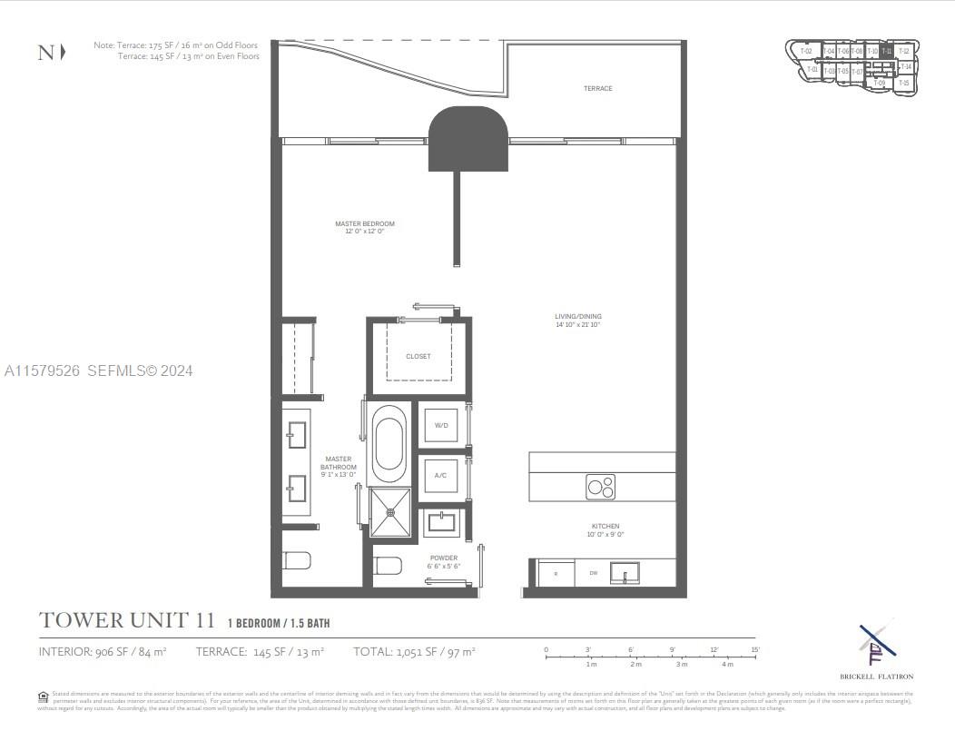 This is a floor plan for a one-bedroom, 1.5-bathroom residential unit with a terrace — 1000 Brickell Plz # 1811, Miami FL 33131, MIAMI, FL