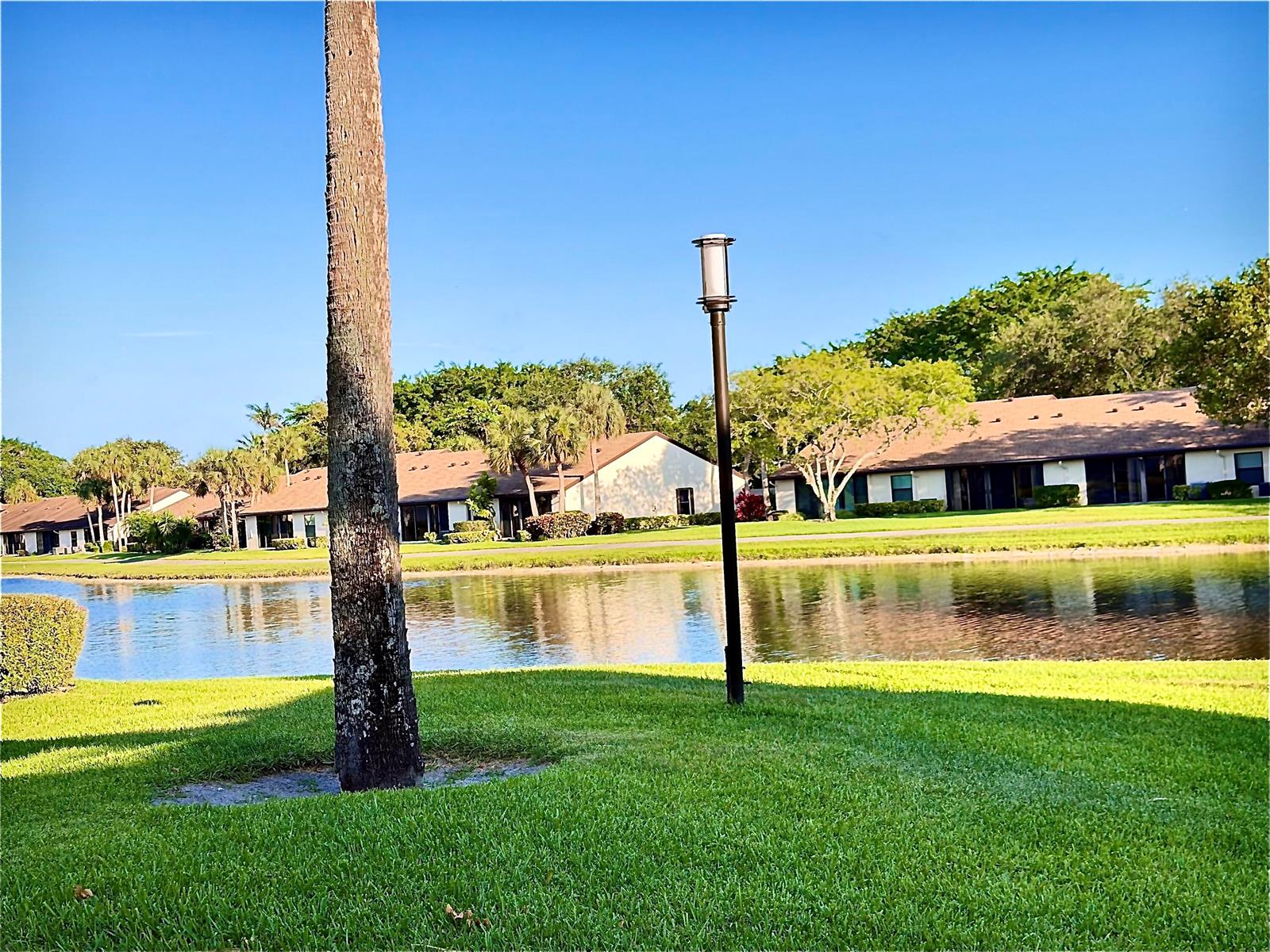 A palm tree and lamp post stand on a grassy lawn overlooking a small lake — 8657 Boca Glades Boulevard W # C, Boca Raton FL 33434, BOCA RATON, FL