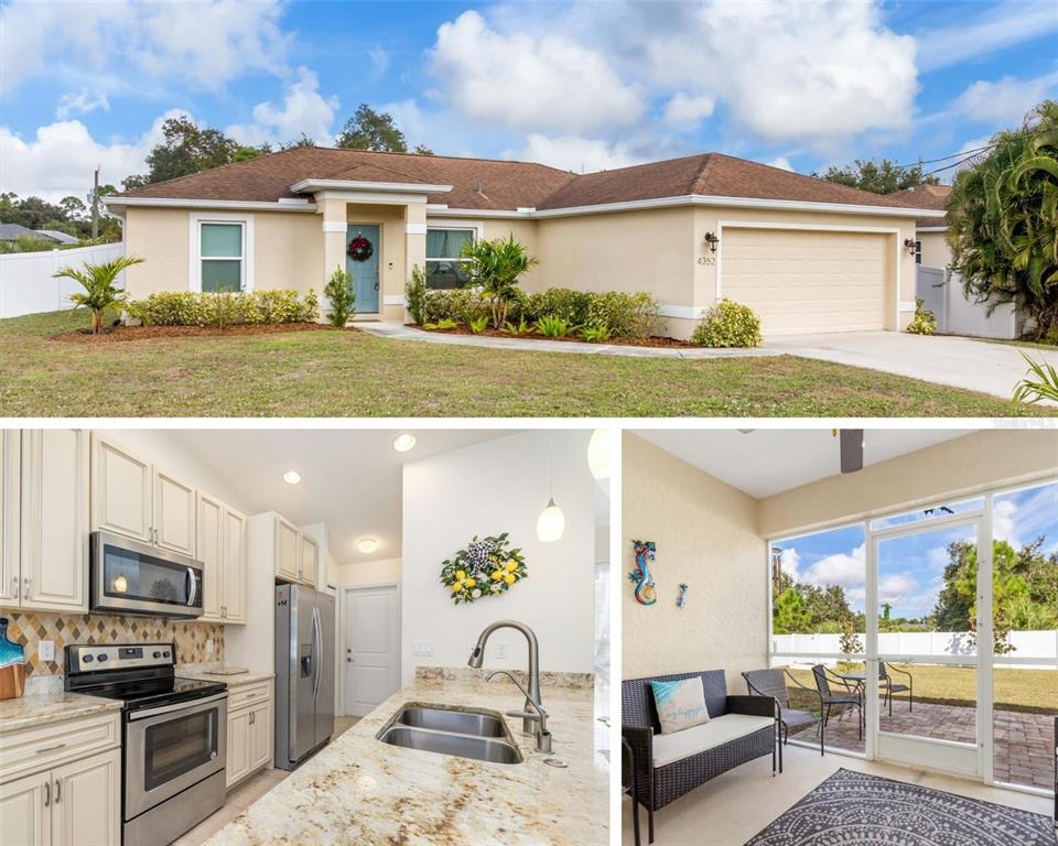 A collage shows a single-story house exterior, a kitchen with granite countertops, and a screened patio — 4352 ADELAIDE AVENUE, NORTH PORT, FL
