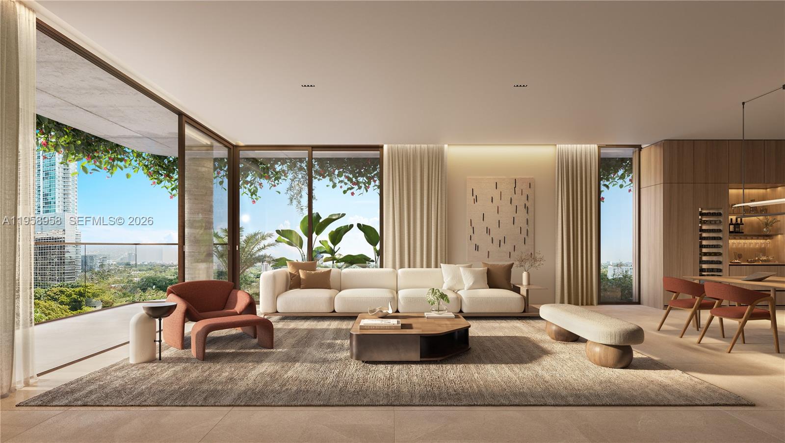 This rendering shows a modern living room with a large sofa, balcony, and city views — 1880 Brickell Avenue # 22, Miami FL 33129, MIAMI, FL