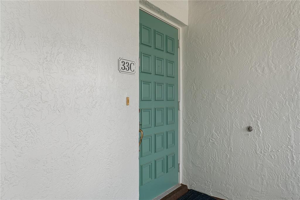 A teal door with a grid pattern and the number 33C sits in a white wall — 3 CYPRESS RUN UNIT 33C, HOMOSASSA, FL
