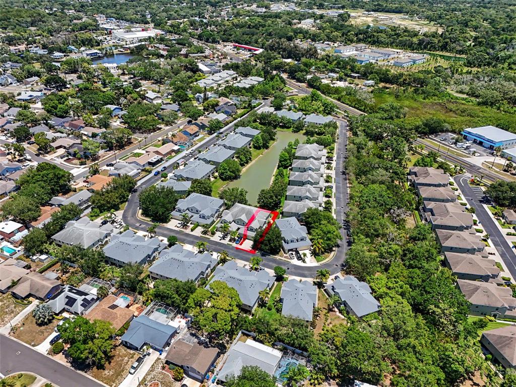 An aerial view shows a residential neighborhood with a highlighted house near a pond — 441 HARBOR RIDGE DRIVE, PALM HARBOR, FL