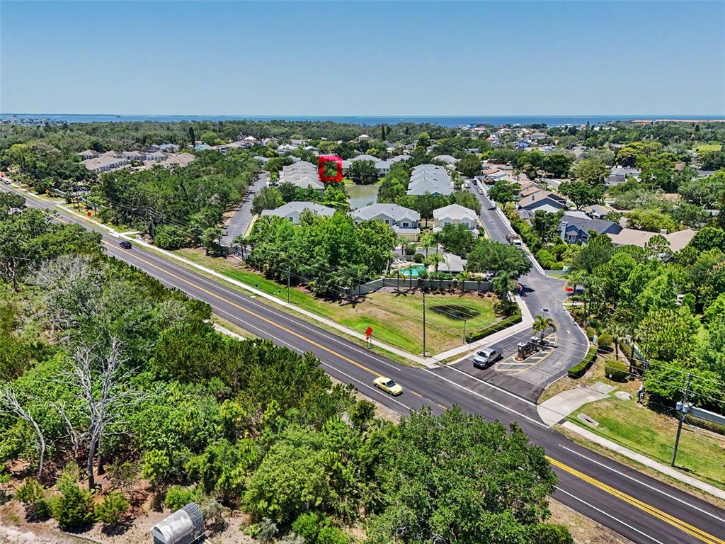 An aerial view shows a residential community with a pond, swimming pool, and road — 441 HARBOR RIDGE DRIVE, PALM HARBOR, FL