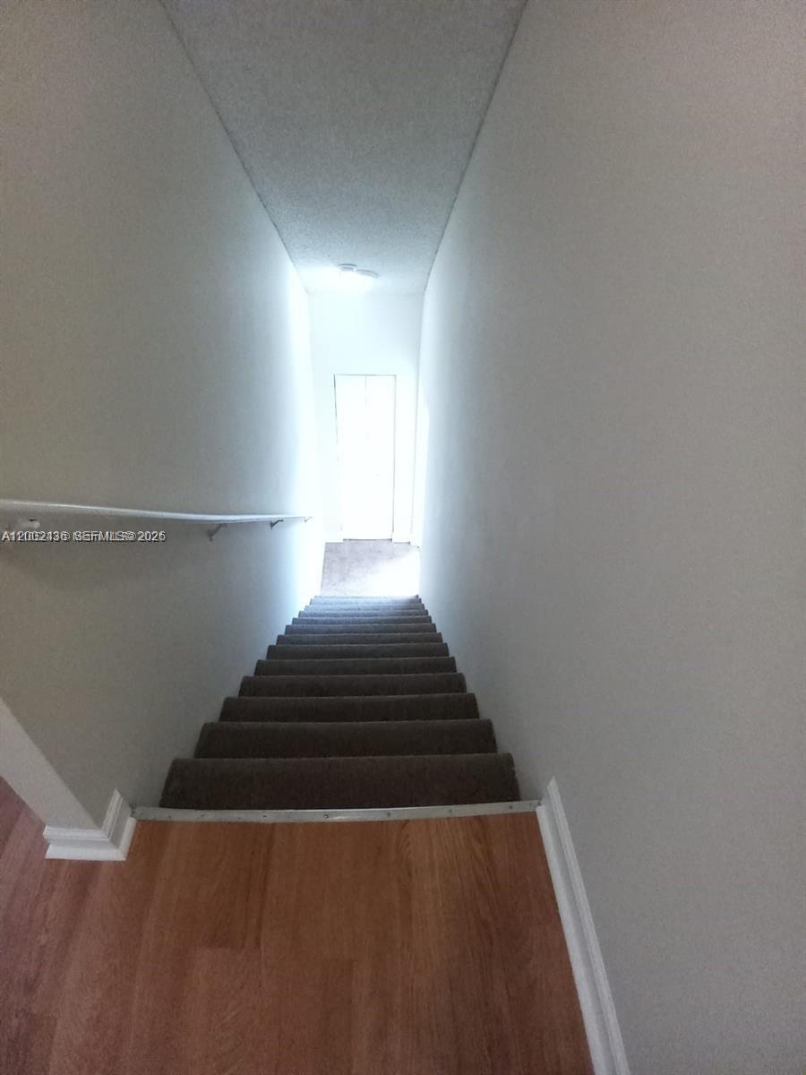 A carpeted staircase leads down to a landing with a closed door — TAMARAC, FL