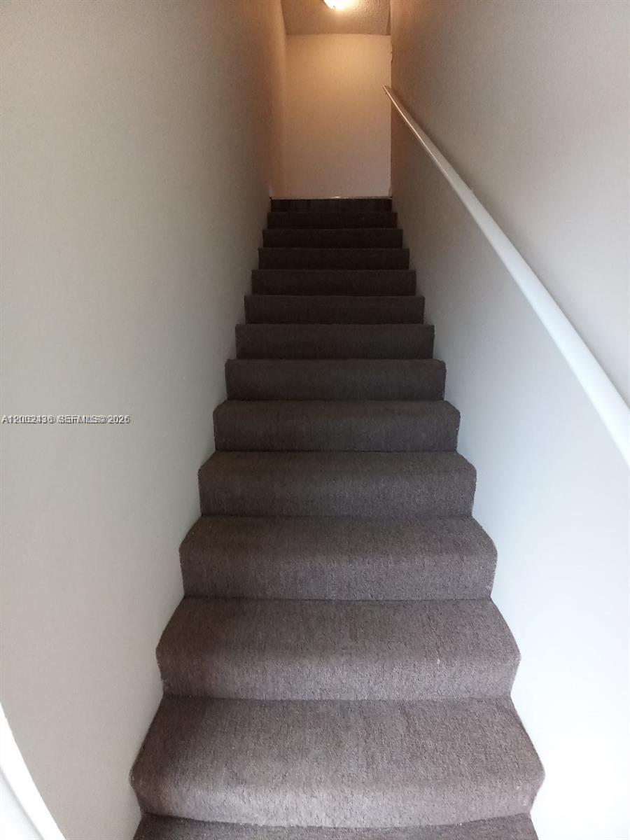 A straight staircase with dark carpet leads upward between two plain, light-colored walls — TAMARAC, FL