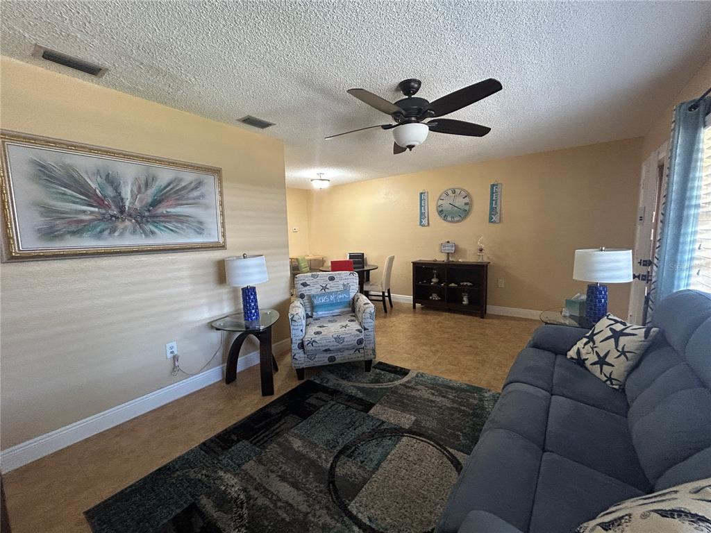 A living room features a blue sofa, an armchair, a patterned rug, and wall decor — 10037 62ND TERRACE N UNIT 15, ST PETERSBURG, FL
