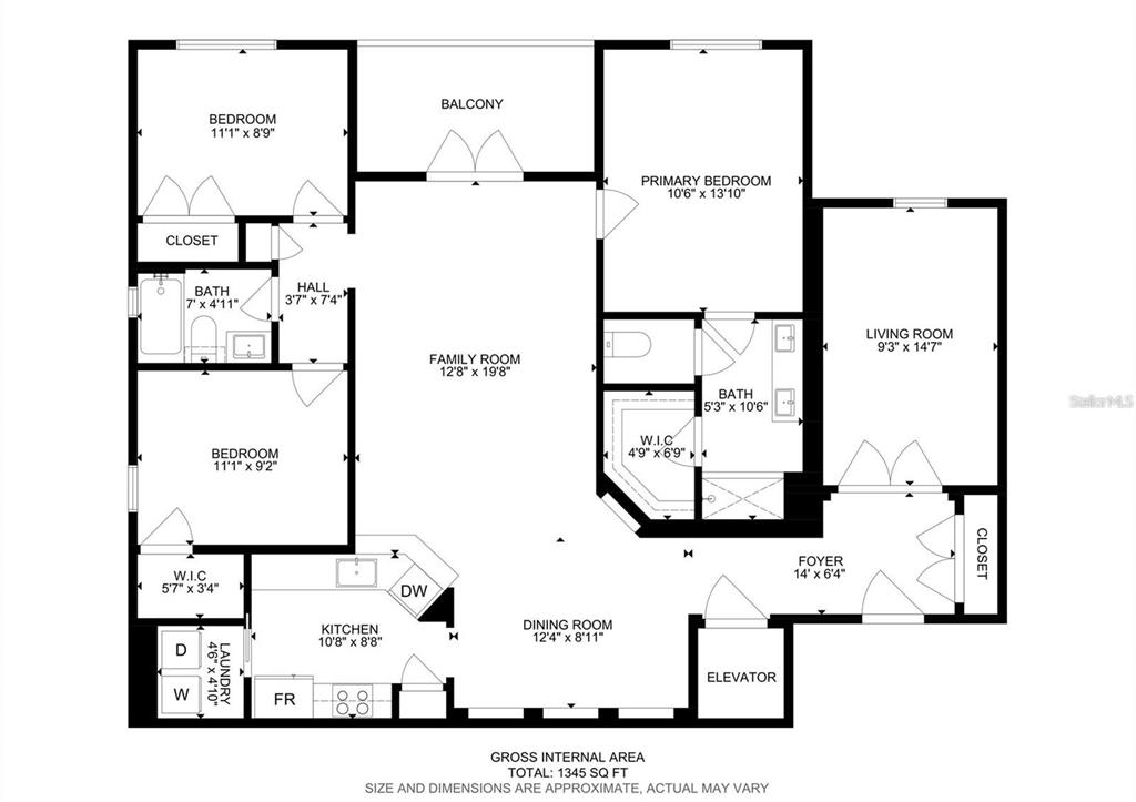 This is a floor plan for a three-bedroom apartment with a balcony and an elevator — 3000 LAUREL PARK LANE UNIT 207, KISSIMMEE, FL