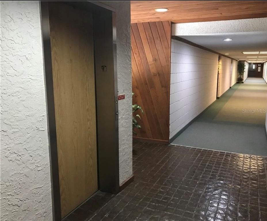 An elevator door stands next to a hallway with wood paneling and a brick floor — 13612 SOUTH VILLAGE DRIVE UNIT 5-207, TAMPA, FL