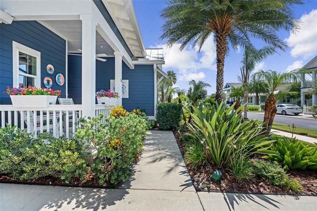 A blue house with a white porch, flower boxes, and a palm tree in front — 36 HIDDEN TREASURE DRIVE, PALM COAST, FL