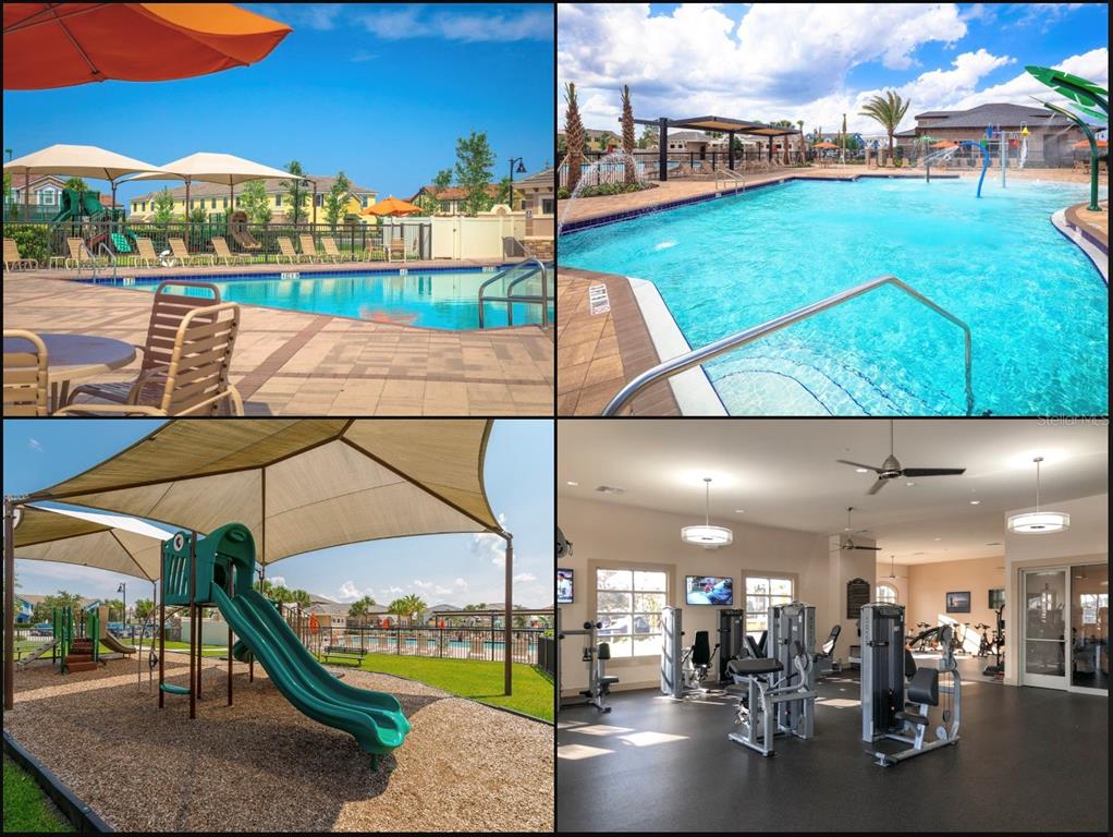This collage shows a swimming pool, a playground with a slide, and a fitness center — 10429 STAPELEY DR, ORLANDO, FL