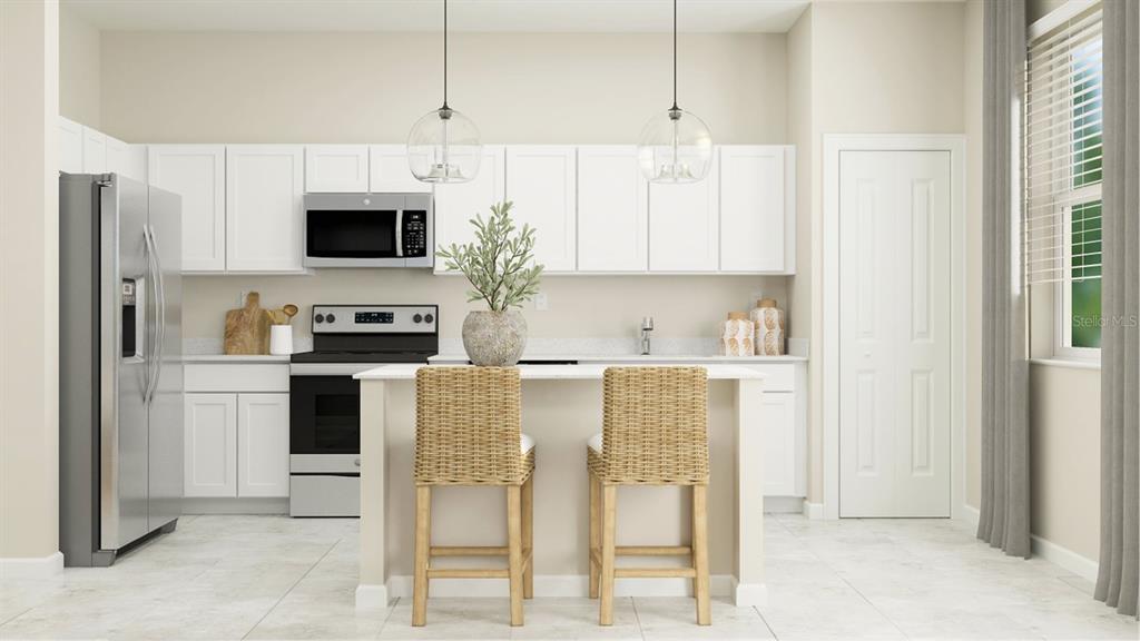 This is a rendering of a modern kitchen featuring white cabinets, stainless appliances, and an island — 3236 NAMASTE DRIVE, CLERMONT, FL