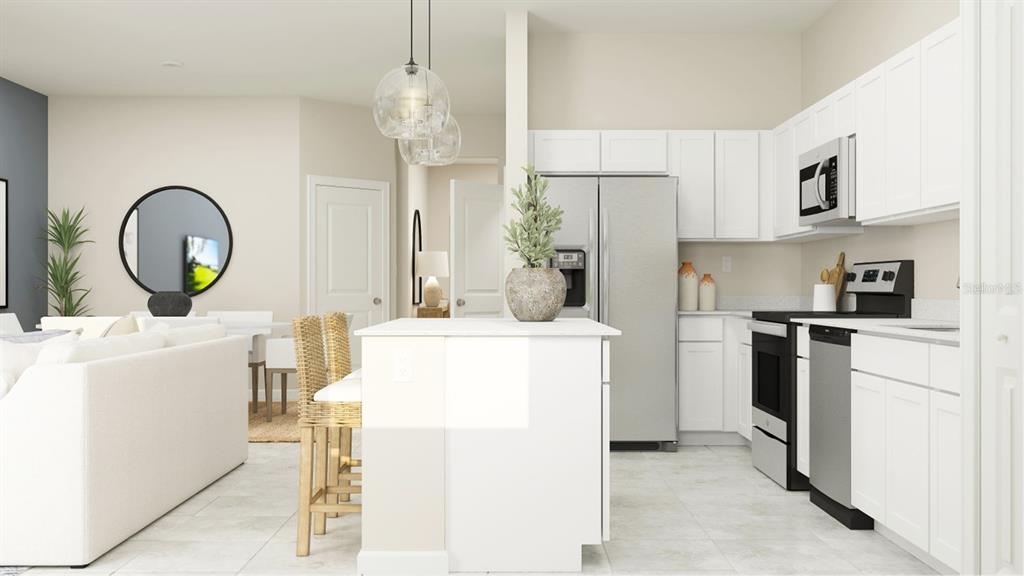 This is a digital rendering of a modern kitchen with white cabinets and a center island — 3236 NAMASTE DRIVE, CLERMONT, FL
