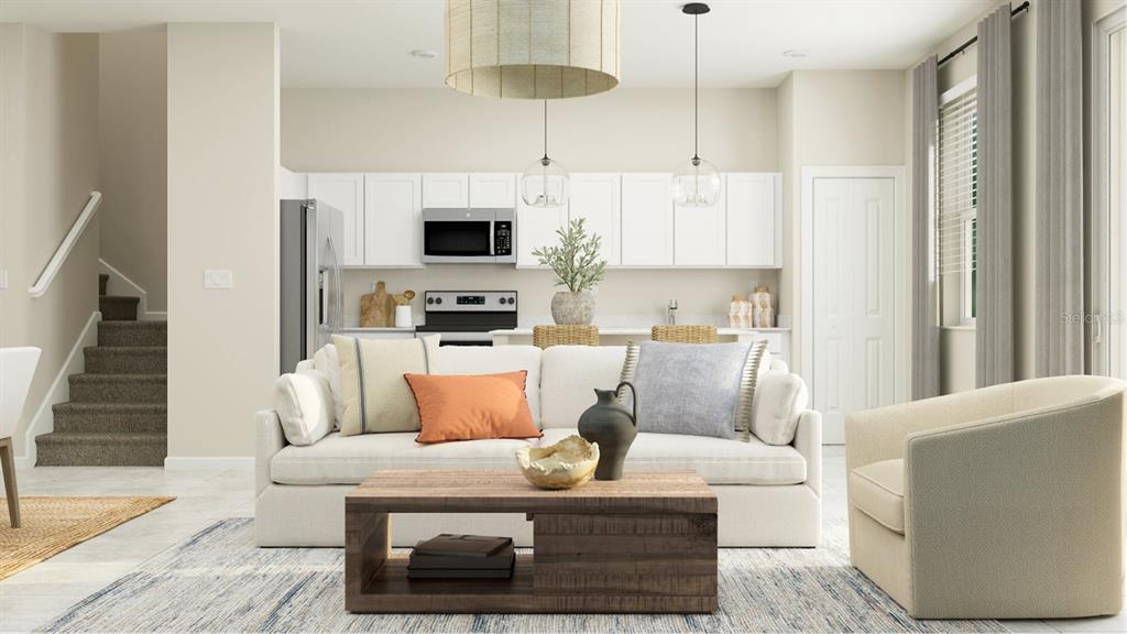 This is a rendering of an open-concept living room and kitchen with neutral decor — 3236 NAMASTE DRIVE, CLERMONT, FL